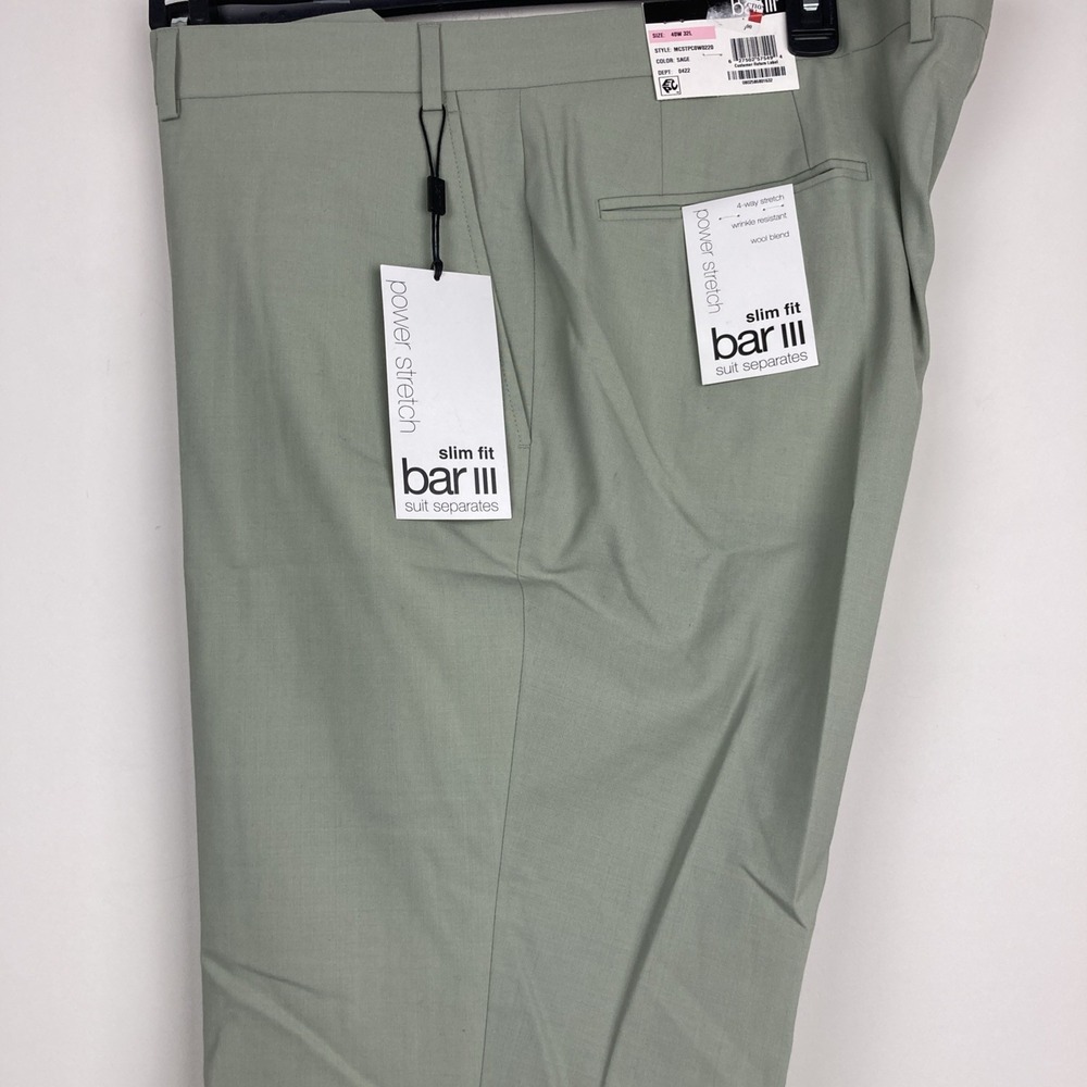 Bar III Men's Slim-Fit Solid Dress Pants Wool Blend Sage Size 40W 32L F03390